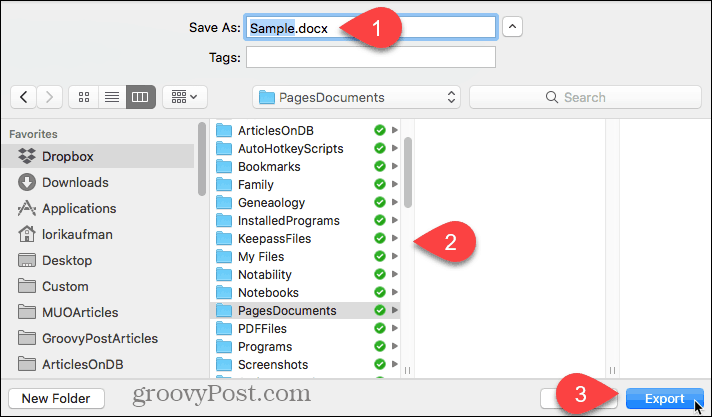 Välj plats för den exporterade filen och klicka på Exportera i Pages for Mac