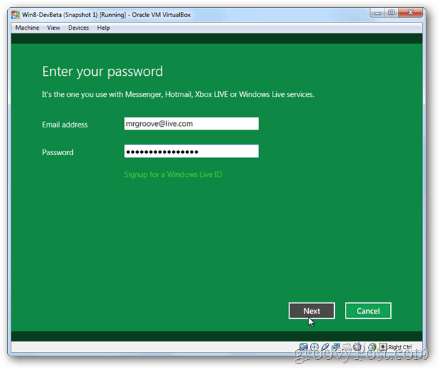 VirtualBox Windows 8 länkar live-id