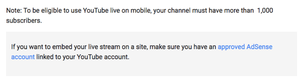 YouTube Live via mobil kräver att du har 1000 eller fler följare för din kanal.