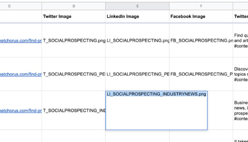 exempel på google-ark med delvis ifyllt data för twitter, linkedin, facebook-bildnamn som just skapats i canva