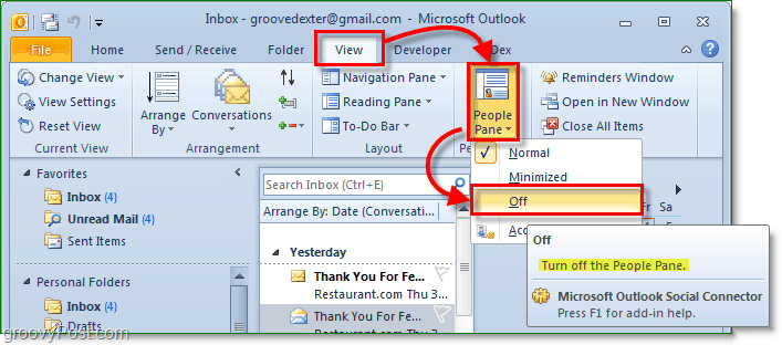 hur man stänger av personfönstret i Microsoft Office Outlook 2010