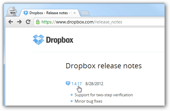 dropbox-utgivningsanteckningar för varje version