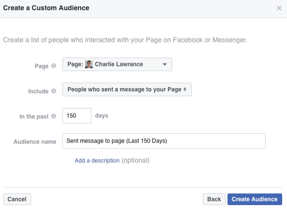 Välj alternativet för att skapa en publik av personer som har skickat ett meddelande till din Facebook-sida.