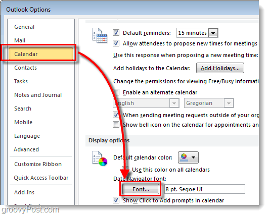 Hur man ändrar Outlook 2010-kalenderdatumnavigatorteckensnitt