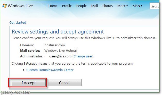 granska och acceptera Windows Live-domänens e-postvillkoravtal
