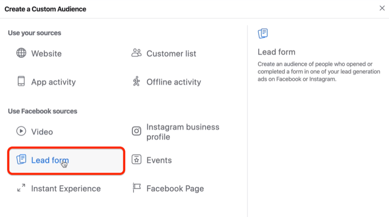 Alternativ för Lead Form för anpassad publik på Facebook