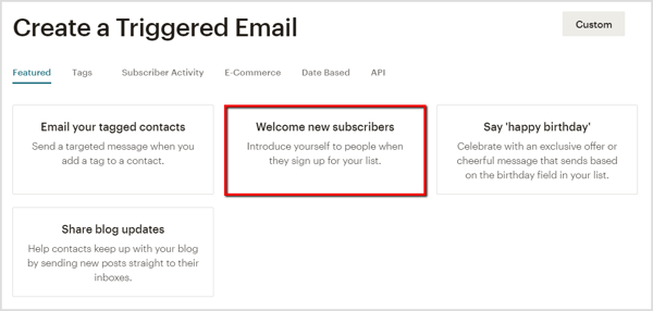 Skapa ett välkomstmeddelande till nya prenumeranter i Mailchimp.