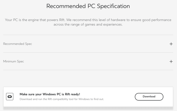 Kontrollera om din dator är virtuell verklighetsklar på Oculus.com.