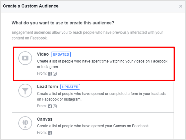 Välj alternativet Video engagemang för din anpassade publik på Facebook.