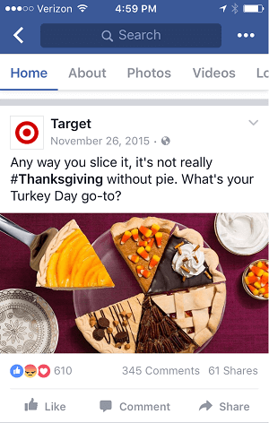 Detta Thanksgiving-inlägg från Target visas bra på både datorer och mobila flöden.