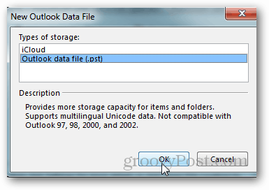 hur man skapar pst-fil för Outlook 2013 - klicka på Outlook-datafil