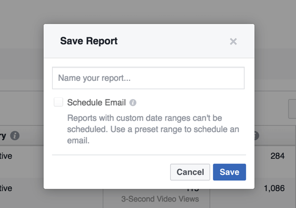 Med verktyget Annonsrapportering kan du spara en rapport för framtida referens.