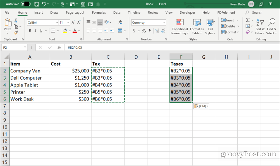 klistra in redigerade formler i Excel