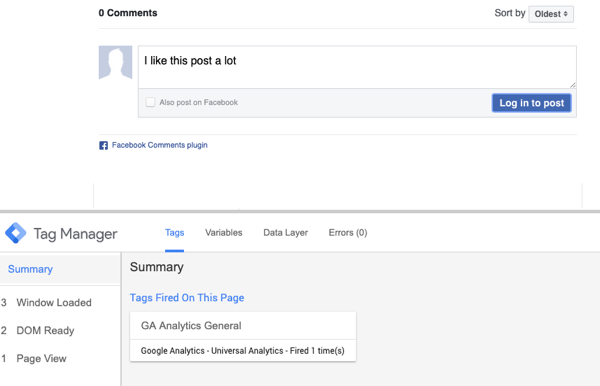 Använd Google Tag Manager med Facebook, steg 23, förhandsgranskning av kommentar med sammanfattningsval för sparkad Facebook-tagg