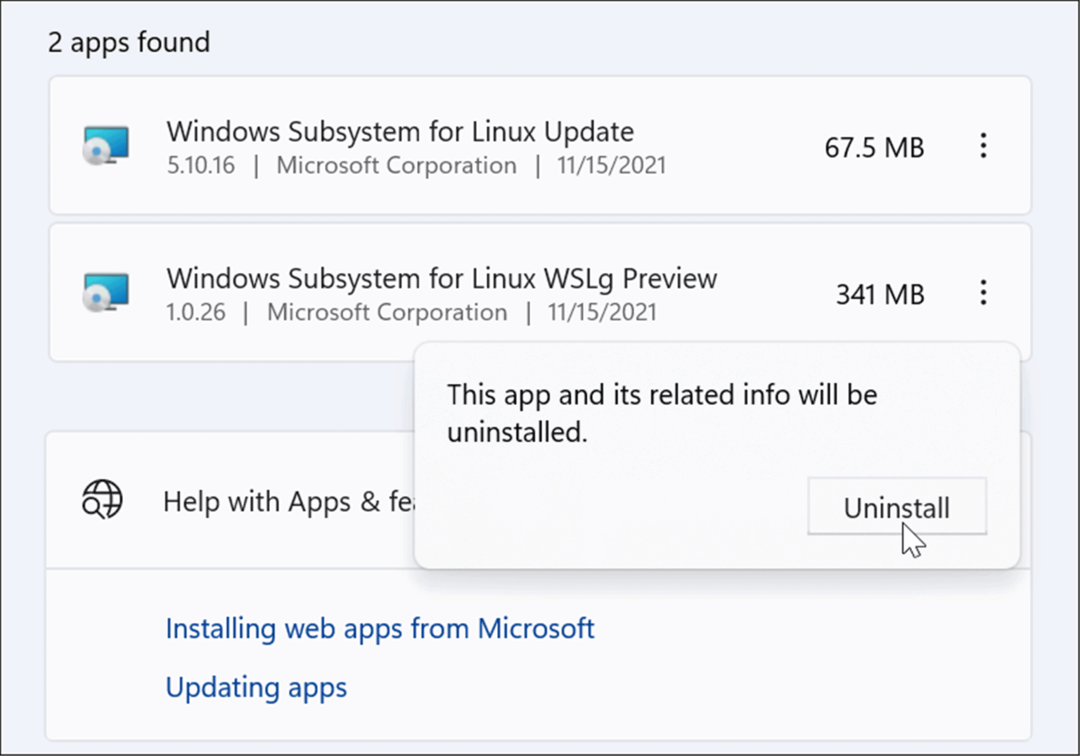 verifiera avinstallera Linux från Windows 11