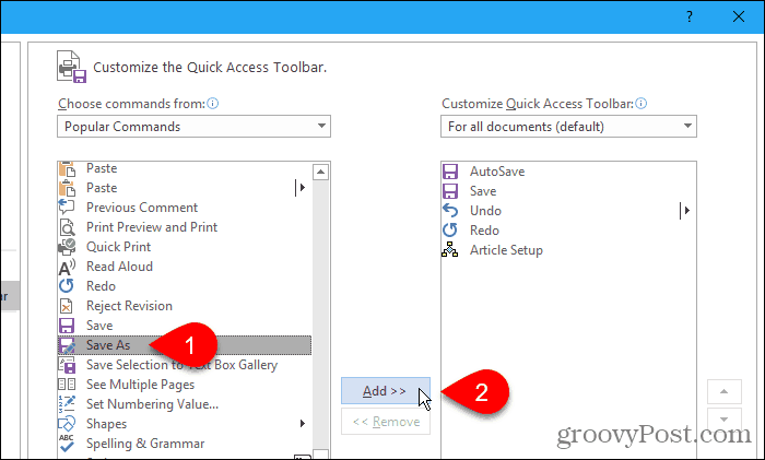 Lägg till Save As i Quick Access Toolbar