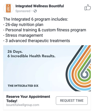 Facebook-annonstekniker som ger resultat, till exempel genom Integrated Wellness Bountiful som erbjuder mötestider