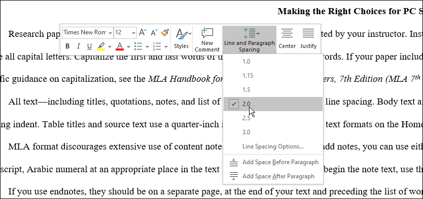 mellanrum använder mla-format i Microsoft Word