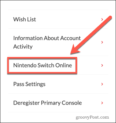 Nintendo Switch Online webbplatsinställningar