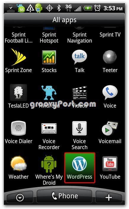 Wordpress på Android-ikonen på hemskärmen - docka