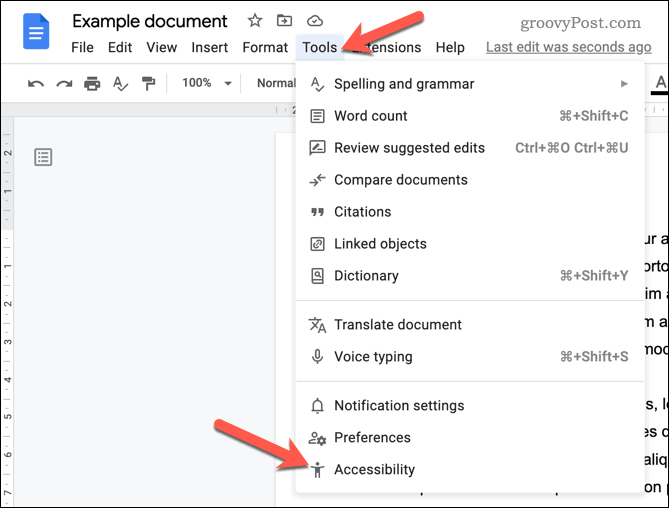Öppna tillgänglighetsmenyn för Google Dokument
