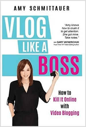 Amy Landino skrev boken Vlog Like a Boss under namnet Amy Schmittauer. Omslaget visar ett foto av Amy från midjan upp och håller en videokamera. Titeln visas på en ljusblå bakgrund med vita och fuchsia bokstäver. Bokens tagline är hur man dödar det online med videobloggning.