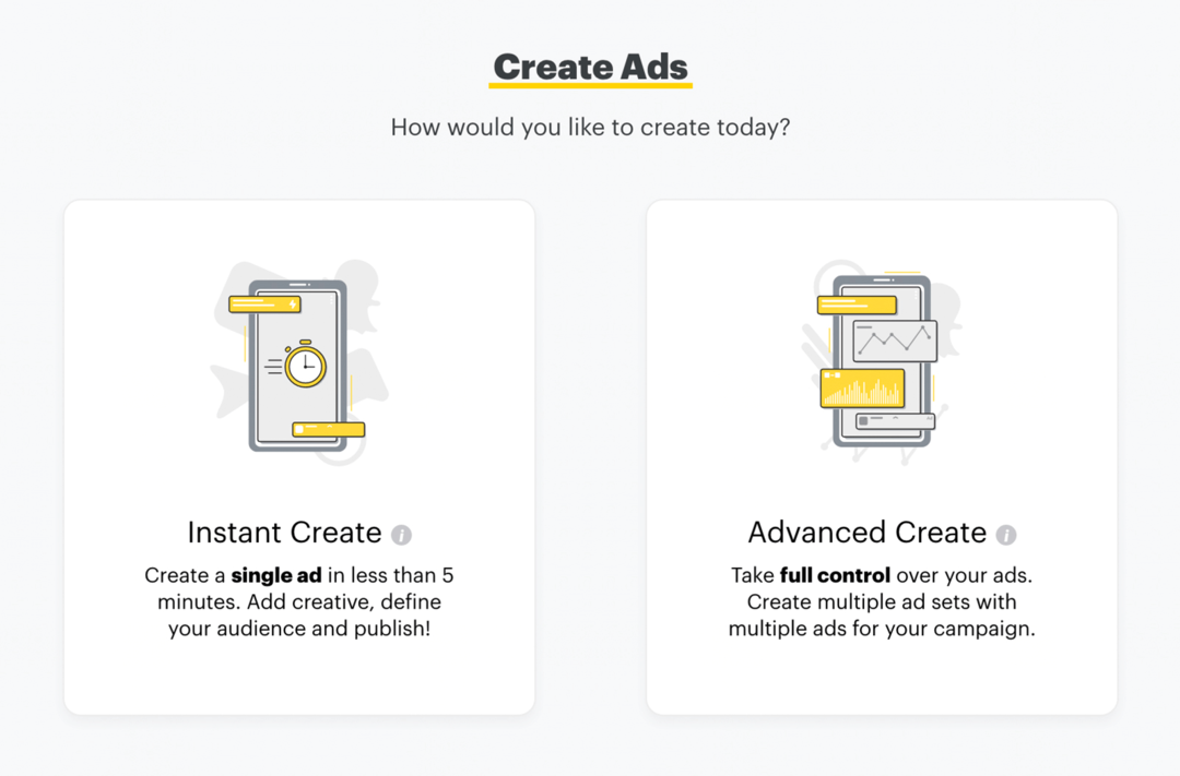 ställ in Snapchat-annonser via Instant Create eller Advanced Create