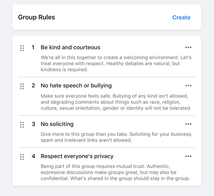 exempel på regler som ställts in för en facebookgrupp som att vara snäll, inget hatprat, ingen begäran etc.