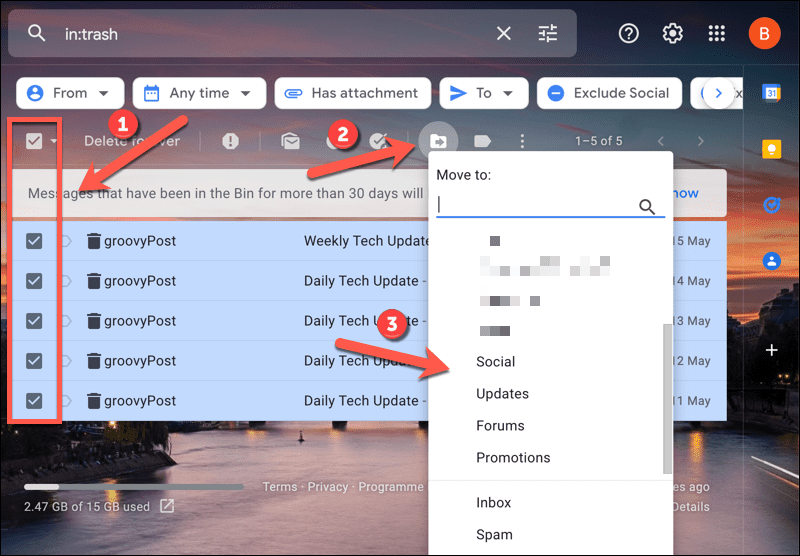 Flytta e-postmeddelanden utanför Gmails papperskorgen