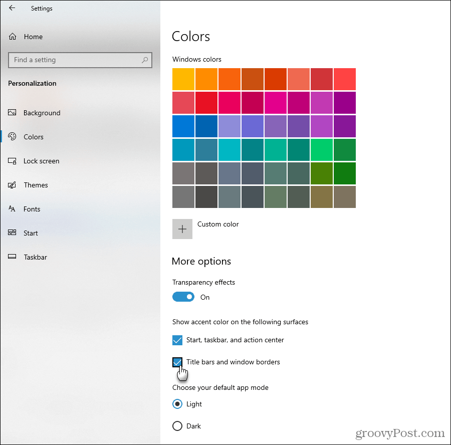 Visa accentfärgalternativ i Windows 10