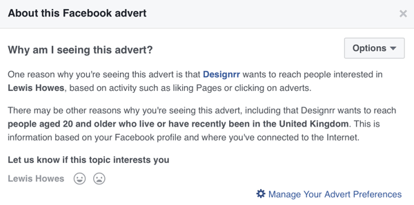 Facebook visar detaljerad inriktningsinformation för en Facebook-annons.