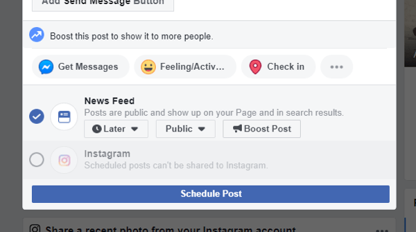 Så här korsar du inlägg till Instagram från Facebook på skrivbordet, exempel på alternativet korspost till Instagram är inte längre tillgängligt när du schemalägger ett Facebook-inlägg