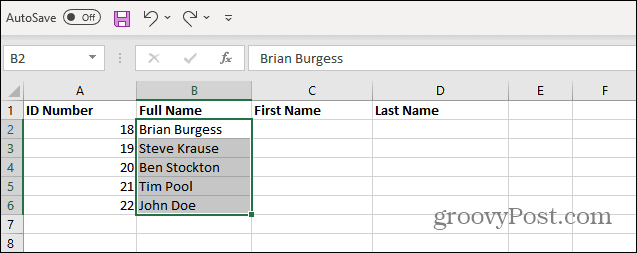 Välj Namn från List Excel
