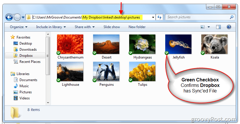Windows Explorer bekräftar att Symlink skapades och Dropbox synkroniserar filer