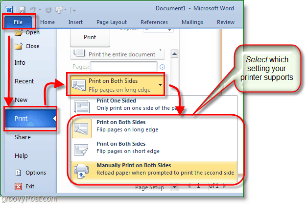 Micosoft Word 2010-skärmbild justerar dina utskriftsinställningar så att de skrivs ut på båda sidor