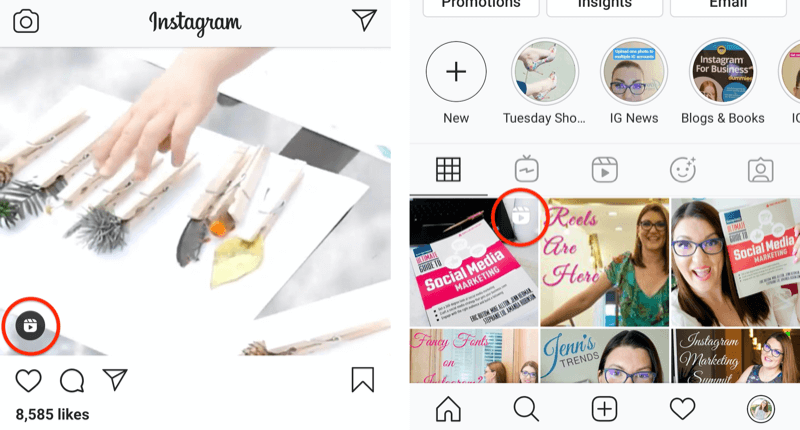 instagram rullar-ikonen visas på en feed-post och på en profil rutnät