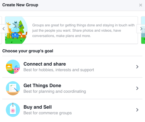 För att skapa en Facebook-grupp med fokus på att bygga en gemenskap, välj Anslut och dela.