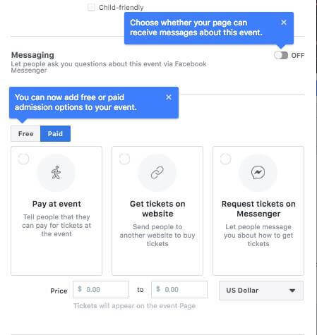 Facebook verkar testa möjligheten att låta folk ställa frågor via Facebook Messenger, lägga till gratis eller betalt inträdesalternativ för ett evenemang och ställ in ett biljettprisintervall när du skapar ett Facebook-evenemang Sida.