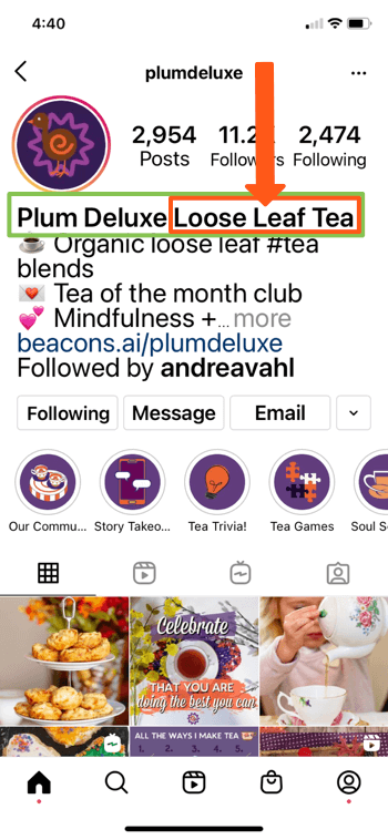 exempel på instagramprofil för @splumdeluxe som visar nyckelord för 'plum deluxe' och 'loose leaf tea' i bio på deras sida, så att de kan visa sig bra i sökresultaten