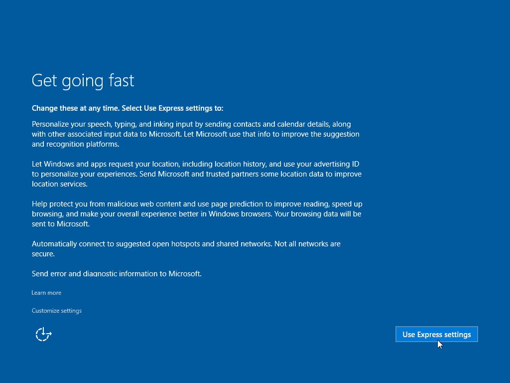 13 Använda Express-inställningar Windows 10 Clean Install