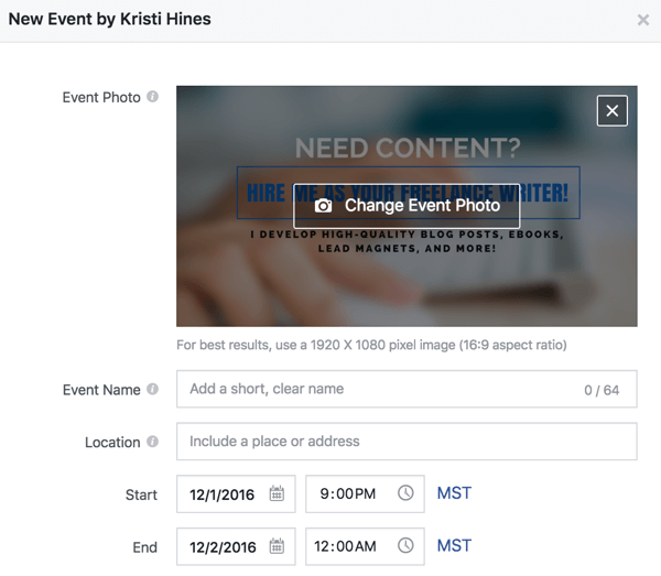 Fyll i dessa uppgifter för att skapa ett Facebook-evenemang.