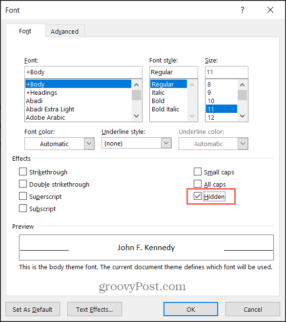 Markera rutan för dold text i Microsoft Word i Windows