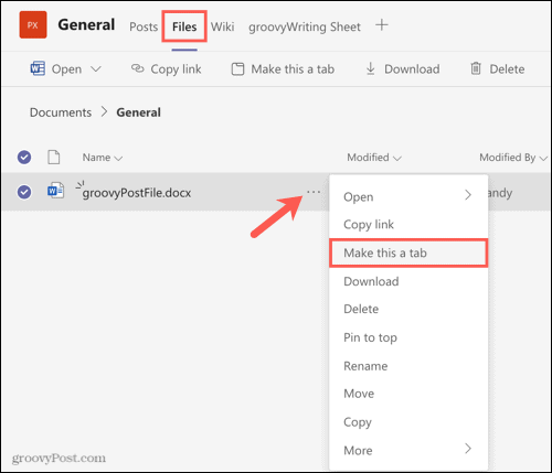 Gör en fil till en flik i Microsoft Teams