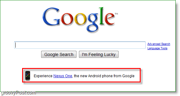 Nexus one som annonseras på Googles hemsida.