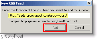 Skärmdump Microsoft Outlook 2007 - Skriv in nytt RSS-flöde