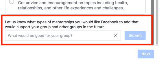 Hur du förbättrar din Facebook-gruppgemenskap, möjlighet att föreslå ett gruppmentorskapskategorialternativ till Facebook