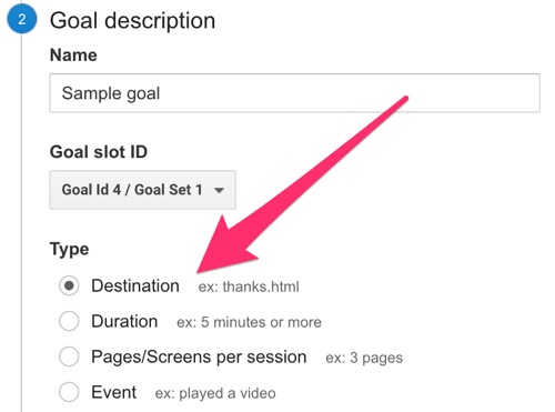 välj destination som måltyp i Google Analytics