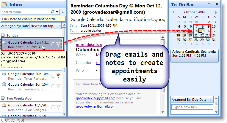Uppgiftsfält i Outlook 2007 - Dra e-post till kalender