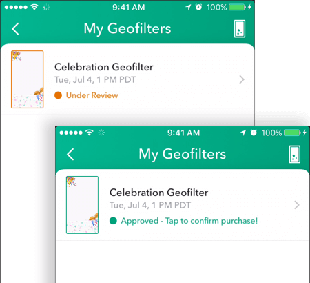 När ditt Snapchat-geofilter har godkänts visas dess status som godkänt på skärmen Mina Geofilters.