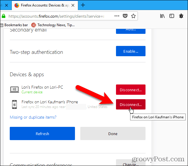 Koppla bort en enhet med Firefox för Windows
